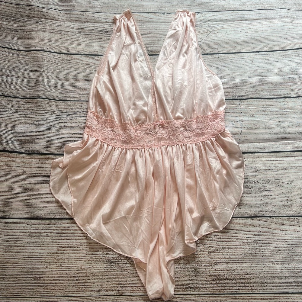 Vintage Lace Romper Pink Pearl Bow Lingerie Floral Womens Large